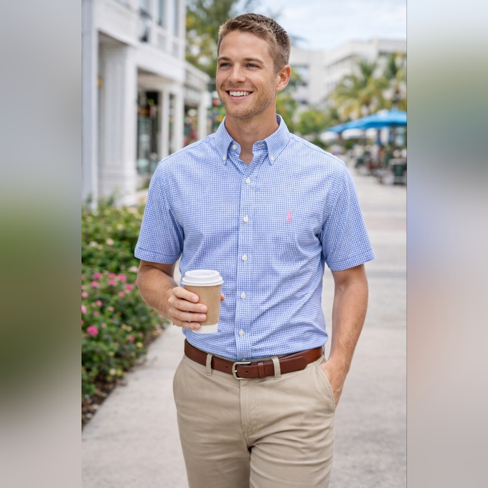 Polo Ralph Lauren Men’s Slim Fit Blue Gingham Short Sleeve Shirt | Large | New